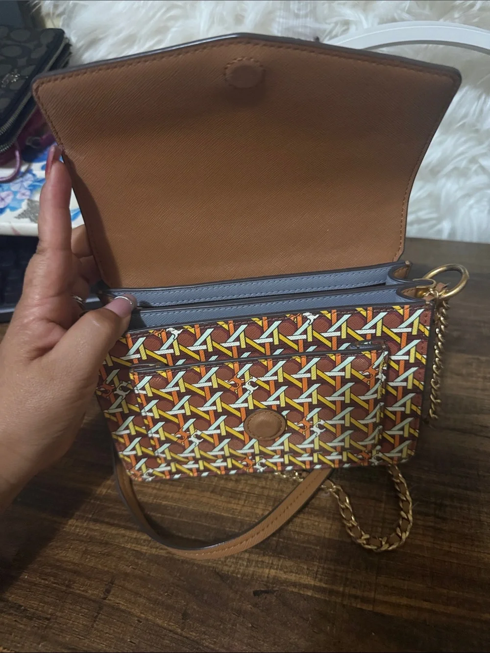 Tory Burch Geometric Print Chain Crossbody in Brown and Yellow